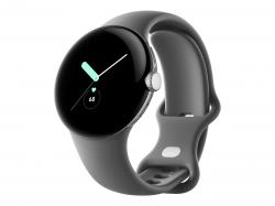 Google Pixel Watch - Silber poliert - intelligente Uhr mit Band - Flouroelastomer - dunkelgrau - Bandgröße: L - 32 GB - Wi-Fi, NFC, Bluetooth - 36 g